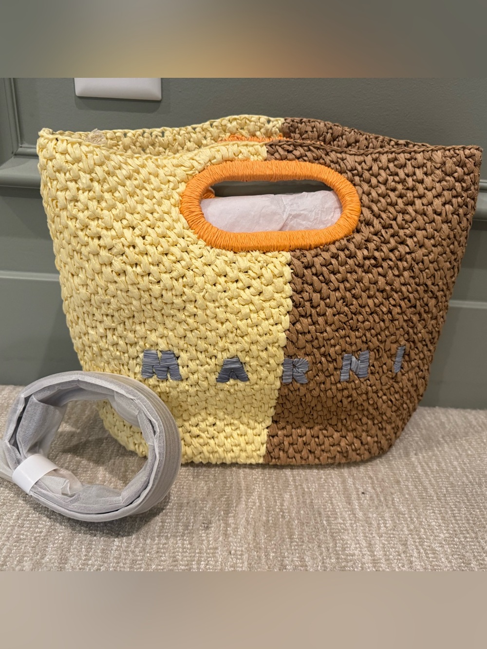 Marni Yellow & Brown Handwoven Raffia Tote with Orange Handle Trim